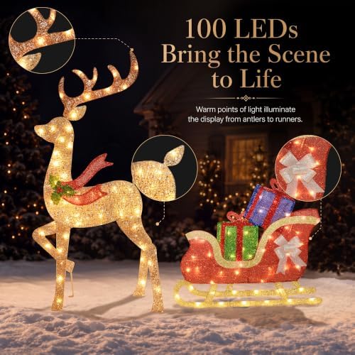 43 ‌"‌ 2.5D Lighted Christmas Reindeer with Sleigh Outdoor Decorations, Deer Pulling Gift Sled with 100 Warm White Lights, Stakes and Zip Ties for Yard Lawn Porch Garden Holiday Decor