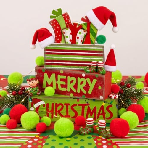 Lineshading 4 Pcs Christmas Table Decor - Red Lime Green Gift Box Wood Sign