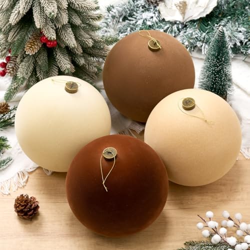 Liliful 4 Pcs 8 Inch Velvet Christmas Balls Extra Large Brown Ornaments