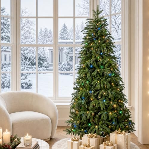 Glitzhome Prelit Christmas Tree, 6ft Slim Christmas Tree, Hinged Artificial Tree Radiant Evergreen Fir with 250 Warm White/Multi-Color LED Lights,9 Function w/Remote Control,Easy Assembly