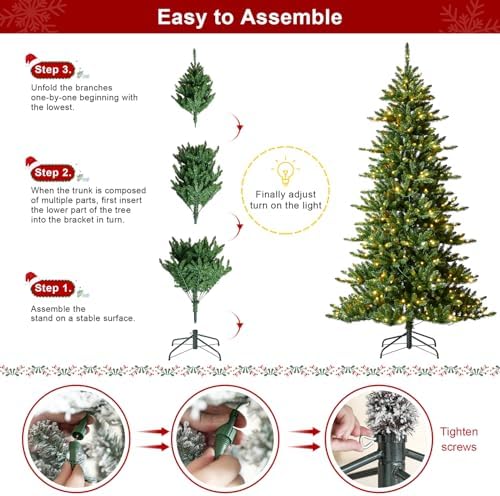 Glitzhome 7.5ft Prelit Christmas Tree, Artificial Christmas Tree Emerald Elegance Slim Green Fir Tree with 400 LED Lights, 1336 Branch Tips, 9 Functional Warm White/Multi-Color, Remote Controller
