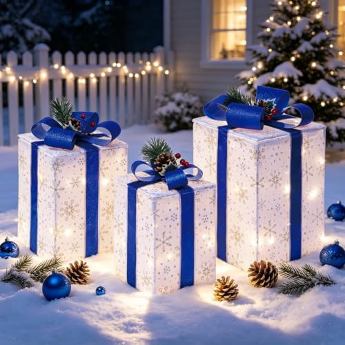 Set of 3 Christmas Lighted Gift Boxes, Light Up Blue Present Boxes