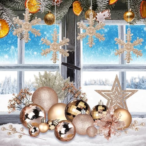 Sratte 94 Pcs Christmas Tree Ornaments Decoration Set, Champagne Gold