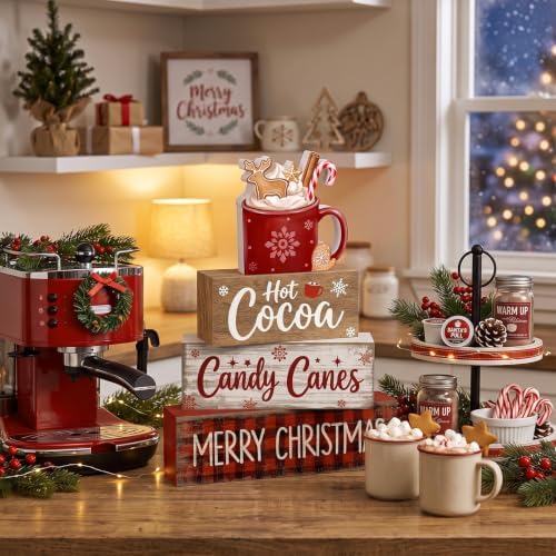 Moucuny 4 Pcs Christmas Table Decorations Wooden Hot Chocolate Cocoa Stacked Wooden Blocks Christmas Tiered Tray Decor with Cocoa Mug, Candy Canes Winter Centerpiece for Home Offiece Coffee Bar