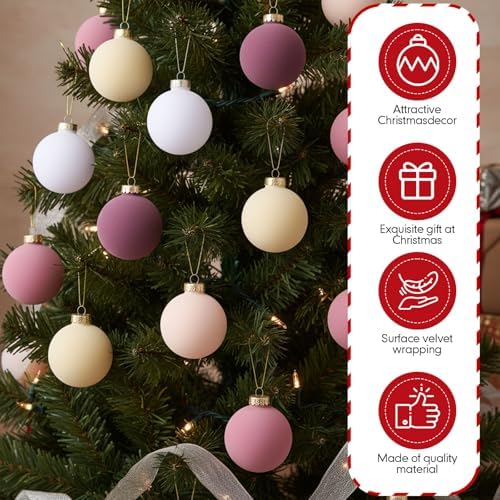 Gemscream 30 Pcs Velvet Christmas Balls, 3.15" Flocked Blue Ornaments, Pink