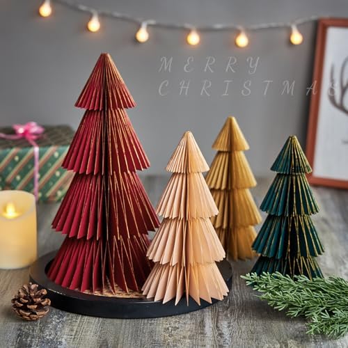 SUNBEAUTY 4PCS Paper Christmas Tree Honeycomb Centerpiece 3D Xmas Trees Table Centerpiece Paper Tree Christmas Home Decoration Vintage Christmas Decorations for Home Xmas Holiday Party