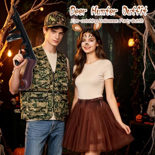 6 Pcs Deer Hunter Costume Set for Couple - Hunting Outfit Dress Up Kit - Camo Vest Camo Hat Antler Headband Tattoo Stickers Skirt Inflatable Toy Gun - Halloween Cosplay Party Fancy Dress Accessories