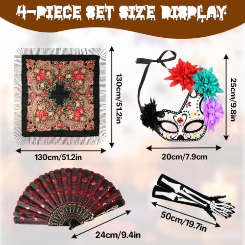 4-Pc Day of the Dead Costume, Mexican Shawl, Sugar Skull Mask, Fan & Gloves