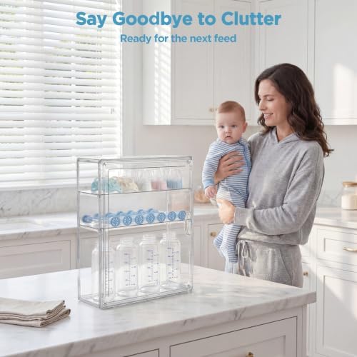HBlife Baby Bottle Storage Organizer for Wall Countertop Cabinet, 3 Tiers Adjustable Clear Acrylic Bottles Storage Station Case Box Container with 2 Removable Dividers and Magnetic Door, Small