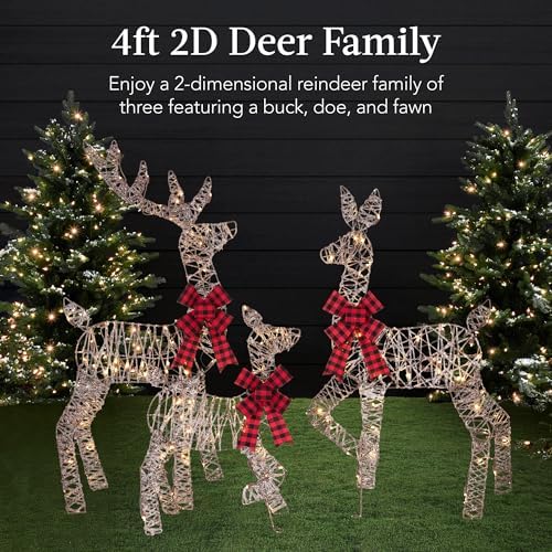 Best Choice Products 4ft 3-Piece 2D Lighted Christmas Deer Family Set, Large Outdoor Yard Reindeer Holiday Decoration with 175 LED Lights, Stakes, Zip Ties - Rattan