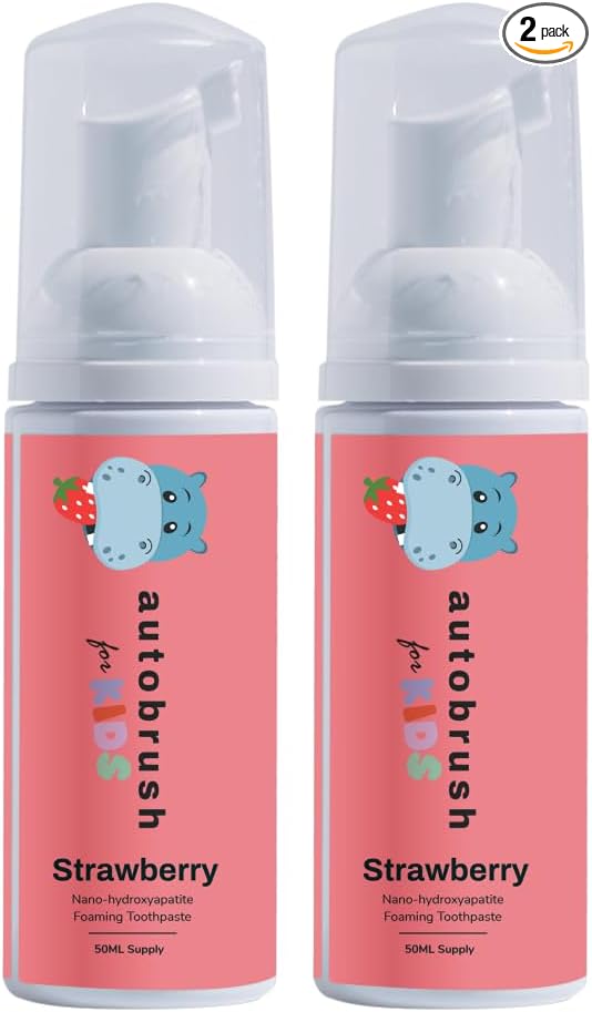 Autobrush Fluoride-Free Foaming Toothpaste for Kids, Strawberry Flavor, Whitening & Deep Cleaning, Travel Friendly, Anti-Cavity (Pack of 2)