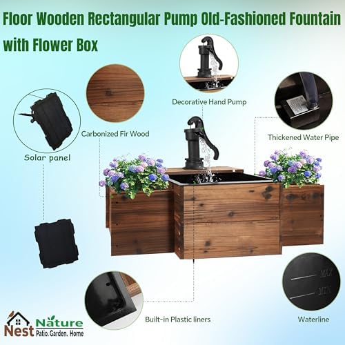 NestNature Solar Outdoor Water Fountain|Wood Water Feature for Garden Decor