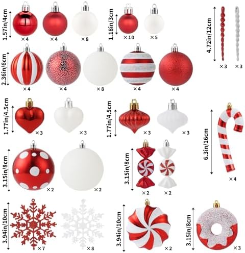 105Ct Red and White Christmas Ornaments Set Shatterproof Candy Cane Theme Decorations for Xmas Tree, Donut Polka Dot Assorted Ornaments for Holiday Festival Family Decor (Red&White)