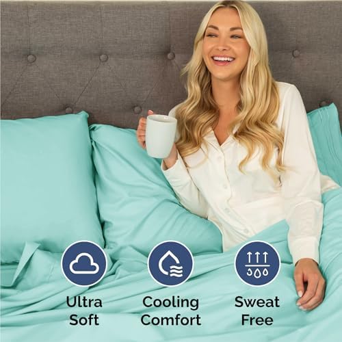 Split King Size 5 Piece Sheet Set - Breathable & Cooling Sheets - Spa Blue