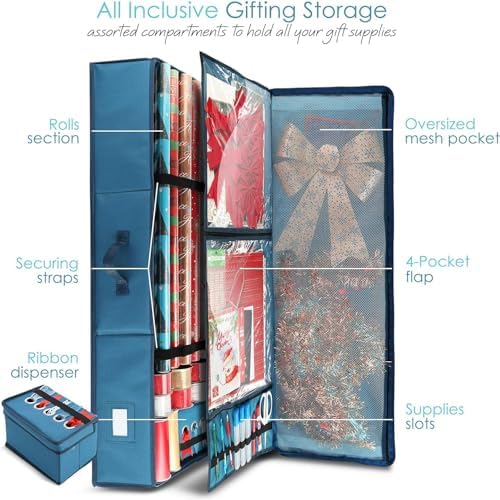Hearth & Harbor Christmas Tree Storage Bag 7.5 ft, Wrapping Paper Storage Organizer Container & Large Christmas Ornament Storage Box With Adjustable Dividers