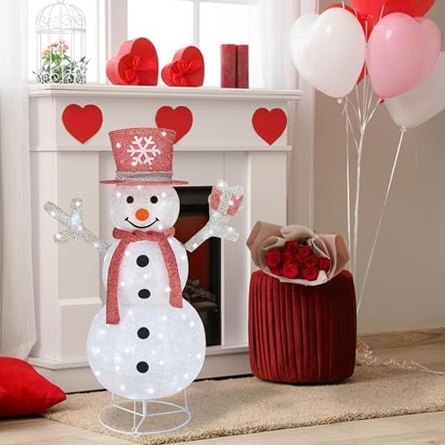 Outdoor Snowman Lighted, Pop-Up Snowman Outdoor Yard Holiday Decorations Prelit 100 Lights, Collapsible Lighted Snowmen Wear Scarf and Hold Light Up Gift Box for Pink Christmas Décor-Pink
