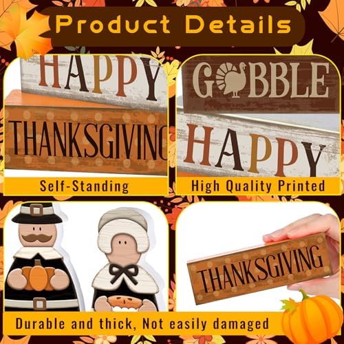 Lineshading 4 Pcs Thanksgiving Table Decor, Wooden Pilgrim Couple Sign Set
