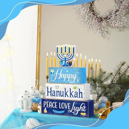 Moucuny 4 Pcs Hanukkah Table Decorations for Home, Wood Menorah Peace Sign