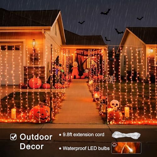 JMEXSUSS 300LED Orange Halloween Curtain Lights with Remote, 9.8x9.8ft