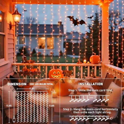 JMEXSUSS 300LED Orange Halloween Curtain Lights with Remote, 9.8x9.8ft