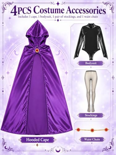 Raven Costume Set for Women with Hooded Cape Bodysuit and Gem Belt