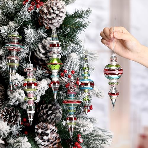 Soulchen 6 Pcs Vintage Glass Finial Christmas Ornaments Classic 6-6.8 Inch