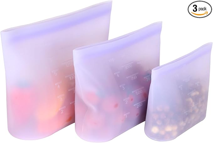 Reusable Silicone Food Storage Bags (Set of 3) – Leakproof Zip Seal, BPA-Free, Freezer & Microwave Safe – for Meal Prep, Snacks, Fruits, and More (Purple Set)