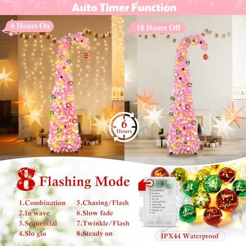 Whimsical Christmas Tree with Ball String Lights, 5FT Pink Pop Up Tree