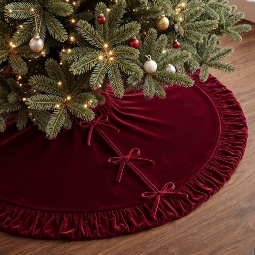 VEILS Large Christmas Tree Skirt, Velvet Burgundy Tree Skirts with Center Pleats and Plush Tie Closures for Christmas Party Favors Decor(72")