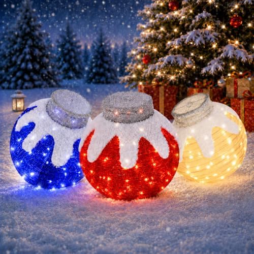 Outdoor Christmas Ornaments, Lighted Pop-Up Outdoor Holiday Ball Decoration with 80 LED Lights, 8 Light Modes, Lighted Collapsible Holiday Decorations for Yard, Home