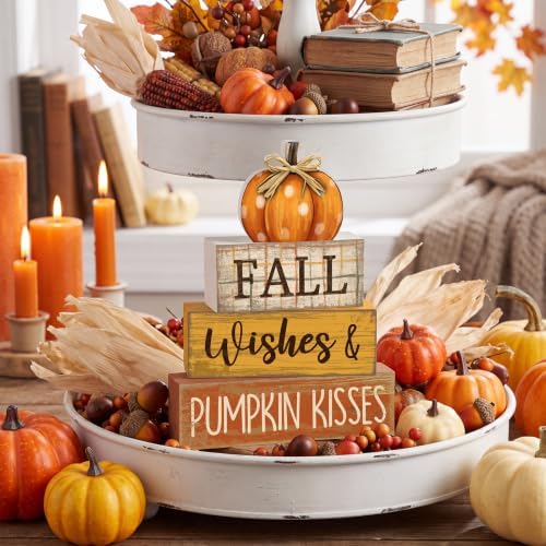 Moucuny 4 Pcs Fall Pumpkin Decor Fall Decorations for Home Wooden Pumpkin Decor Thanksgiving Table Centerpiece Rustic Autumn Stacked Block Signs Farmhouse for Harvest Party Home Kitchen