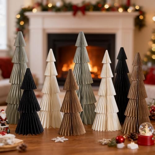 SUNBEUTY 8PCS Paper Christmas Trees, Neutral Honeycomb Christmas Tree, 3D Paper Trees, Christmas Tree Table Centerpieces for Home Xmas Tabletop Holiday Decor (Brown Black White Gray