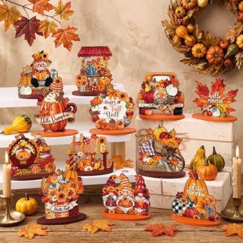 Leinuosen 12 Pcs Fall Table Decoration for Home, Wooden Pumpkin Turkey Sign