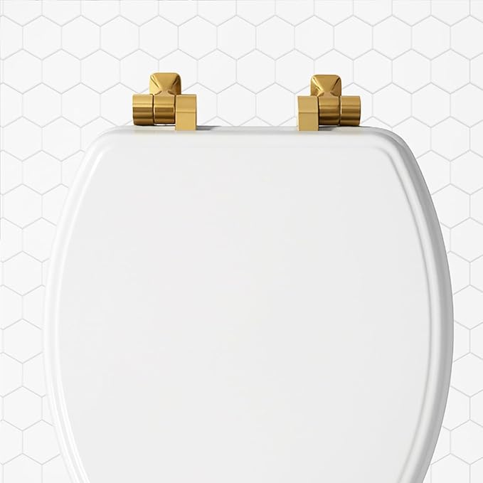 Mayfair Bennett Toilet Seat with Brushed Gold Hinges, Slow Close Wood Seat, Secure Metal Hinges, Easy Install, Made in USA, Round, White