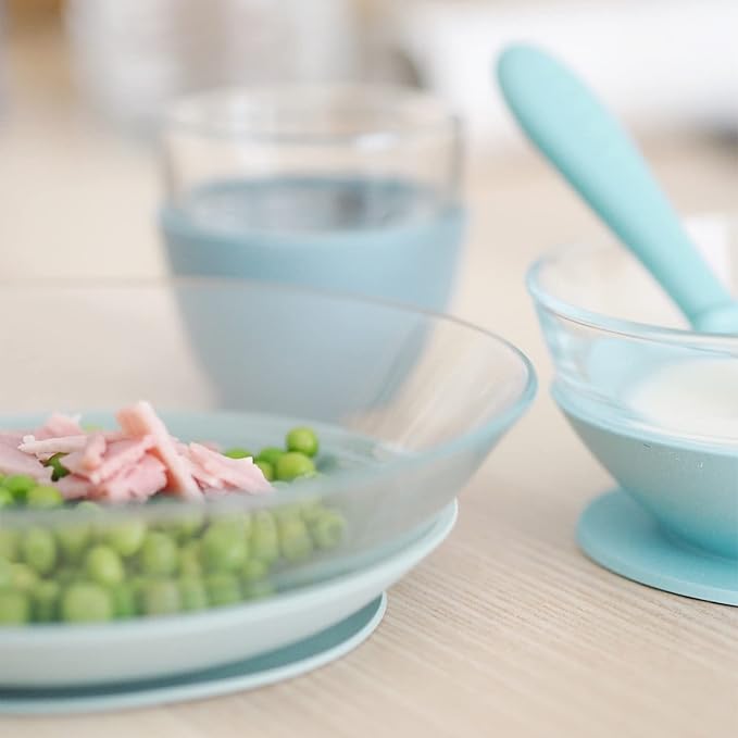 BEABA 3-Piece Glass Meal Set with Suction Pad, Toddler Plate and Baby Bowls with Suction, Non Slip Kids Dinnerware Set, 2.5x Stronger than Regular Glass, (Rain)