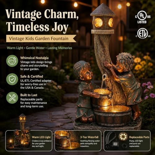 AUTODAYA 31" Boy and Girl Outdoor Fountain LED 3-Tier Cascading Waterfall