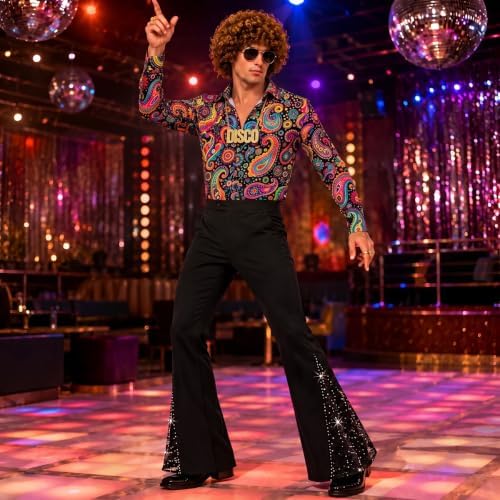 12Pcs 70s Outfits for Men, Disco Costume with Bell Bottom Pants Shirt Set