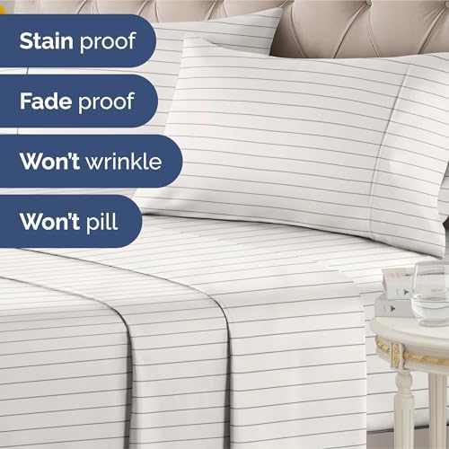 Queen 4 Piece Striped Sheet Set - Soft, Breathable & Cooling - Cream Stripe