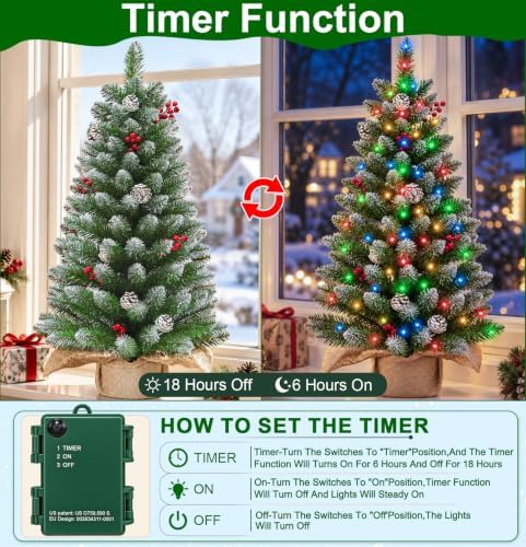 Timer - 3FT Artificial Mini Christmas Tree, Snowy Tabletop Christmas Tree