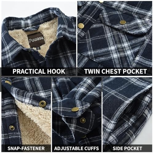 Men's Sherpa Cotton Flannel Shirt Jacket Plaid Button Coat Pocket