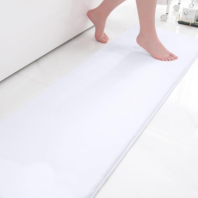 Smiry Memory Foam Bath Mat 59x20, Extra Soft and Absorbent Bathroom Mats, Non Slip Washable Carpet for Floor, Shower and Tub, White