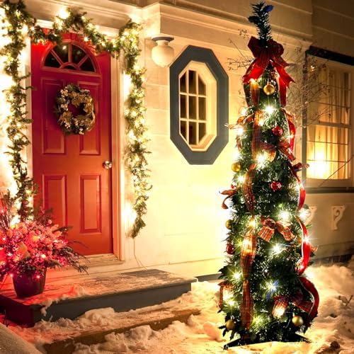 4FT Pop Up Christmas Tree Pre-lit Green Pencil w/Bow & Balls，60 Lights