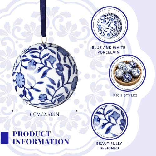 Cindeer 6 Pcs Blue and White Christmas Porcelain Balls, Novelty Style