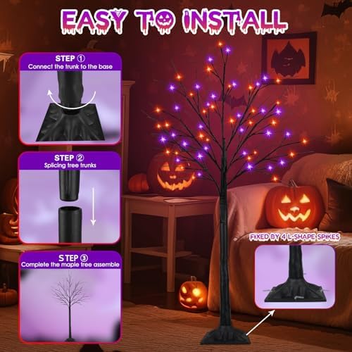 Set of 3, 4ft 5ft 6ft Lighted Black Halloween Tree with Orange Purple Light