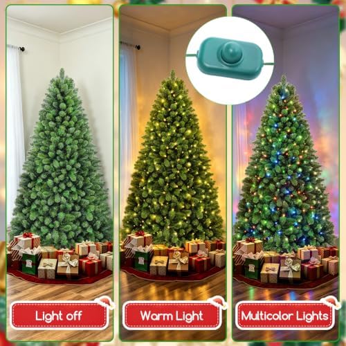 6.5FT Pre-Lit Artificial Christmas Tree, 990 PVC Tips, 330 Warm White & Multicolor LED Lights, 10 Modes, Remote Control & Foot Switch, Hinged Easy Assembly, Indoor Holiday Decor