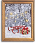Framed Red Sled in Snowy Forest Art Print in Gold Frame Inch 16x20