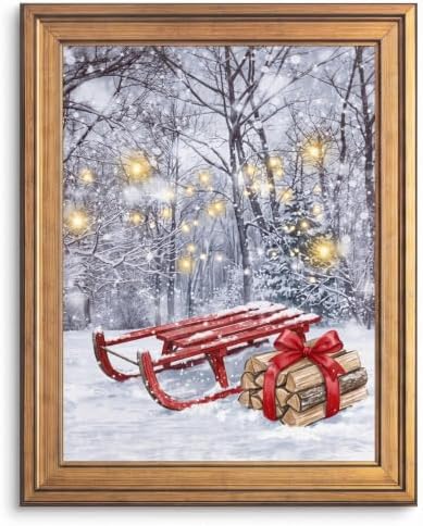 Framed Red Sled in Snowy Forest Art Print in Gold Frame Inch 16x20
