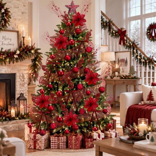 77 Pcs Christmas Tree Decorations Star Topper Ornaments Artificial Poinsettia Flowers Claret Balls Velvet Bow Berry Picks Christmas Tree Hanging Ornaments for Xmas Home Office Decorations