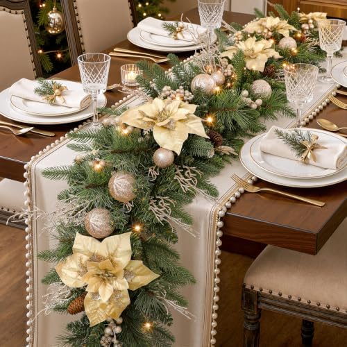 SHareconn 9FT Prelit Christmas Garland Decorations with Multi-Color LED Lights, Battery-Operated Timer, Lighted Garland with Ball Poinsettia for Mantle Table Fireplace Stairs Railing Indoor Decor