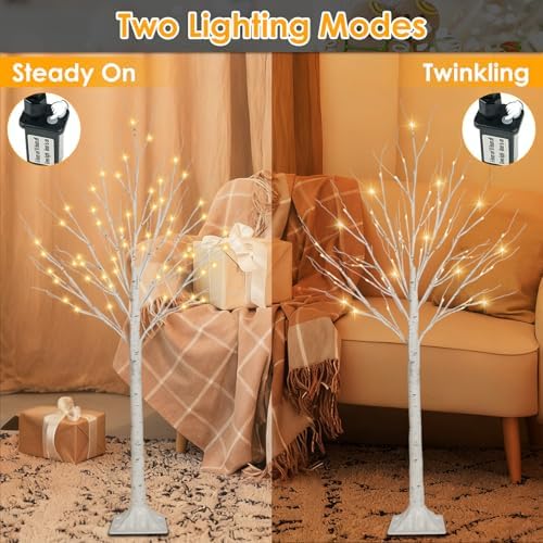 2 Pack 4FT Lighted Birch Tree, 100LED Twinkling Tree Lights, Warm White